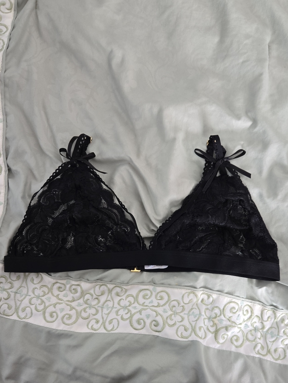 Sheer Black Lace Triangle Bralette with Ribbon Straps